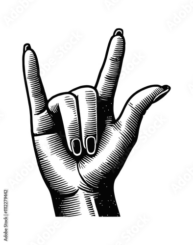 hand metal rock gesture finger engraving black and white outline