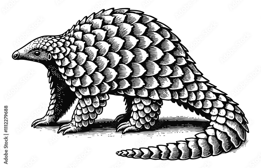 Fototapeta premium pangolin engraving black and white outline