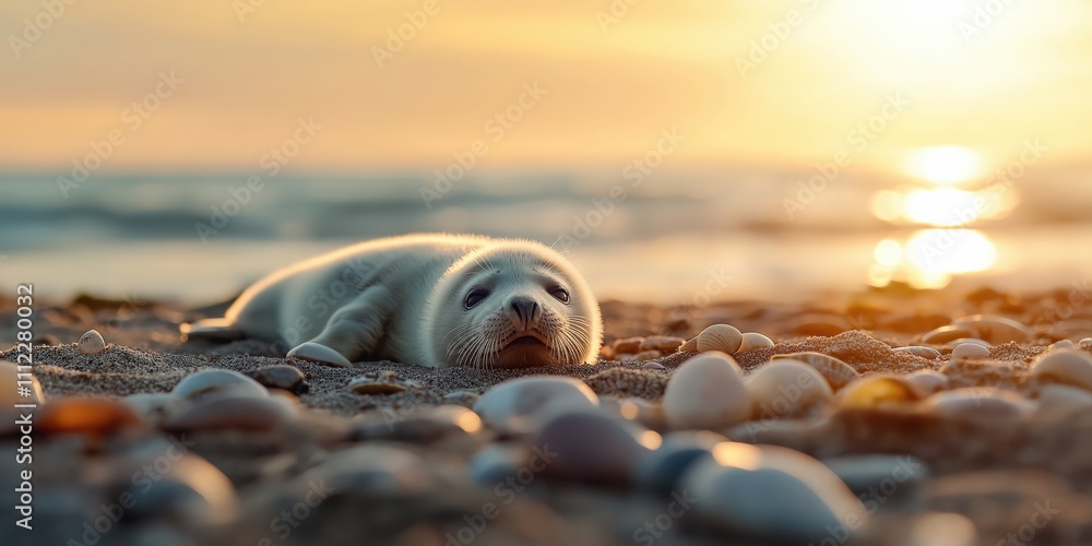 Obraz premium A low angle shot of a happy baby seal resting on a sandy beach