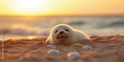 A low angle shot of a happy baby seal resting on a sandy beach