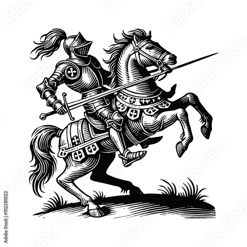 medieval knight on a rearing horse engraving black and white outline
