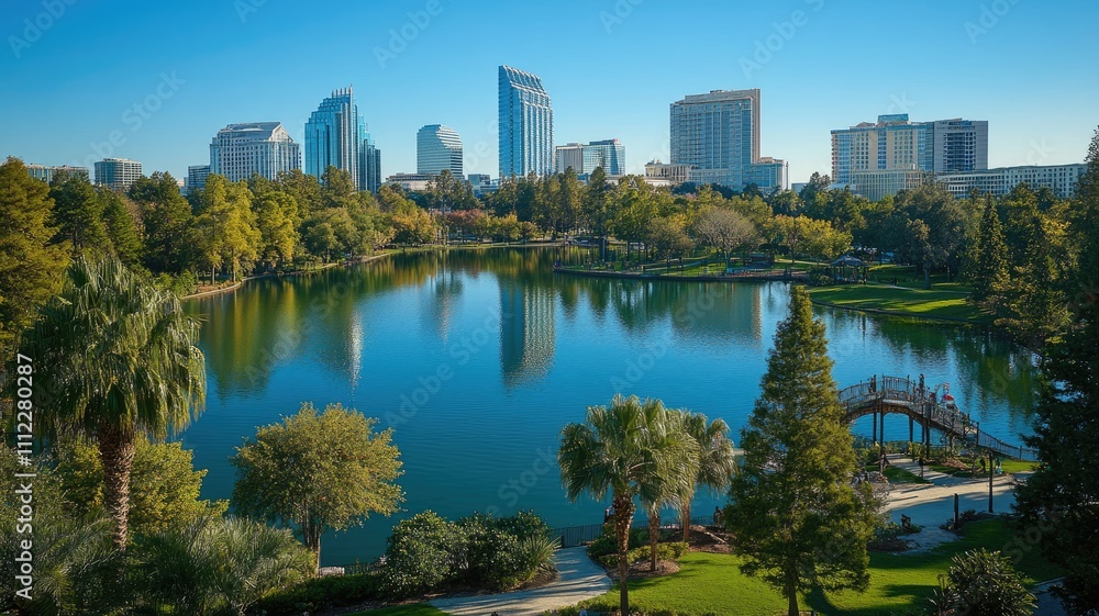 Fototapeta premium view of Park in the city center, showcasing its lush greenery and serene lake, with modern buildings reflecting on the water's surface,generative ai