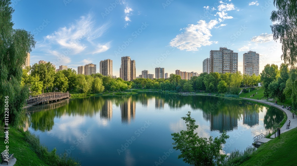 view of Park in the city center, showcasing its lush greenery and serene lake, with modern buildings reflecting on the water's surface,generative ai view of Park in the city center, showcasing its lush greenery and serene lake, with modern buildings reflecting on the water's surface,generative ai