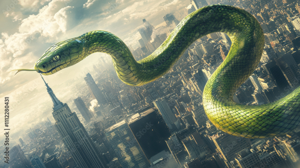 Giant green snake slithering over a city skyline during twilight Giant green snake slithering over a city skyline during twilight