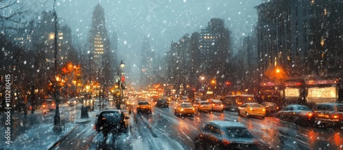 Snowy city street with traffic and lights at dusk.