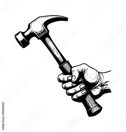 hand holding hammer engraving black and white outline