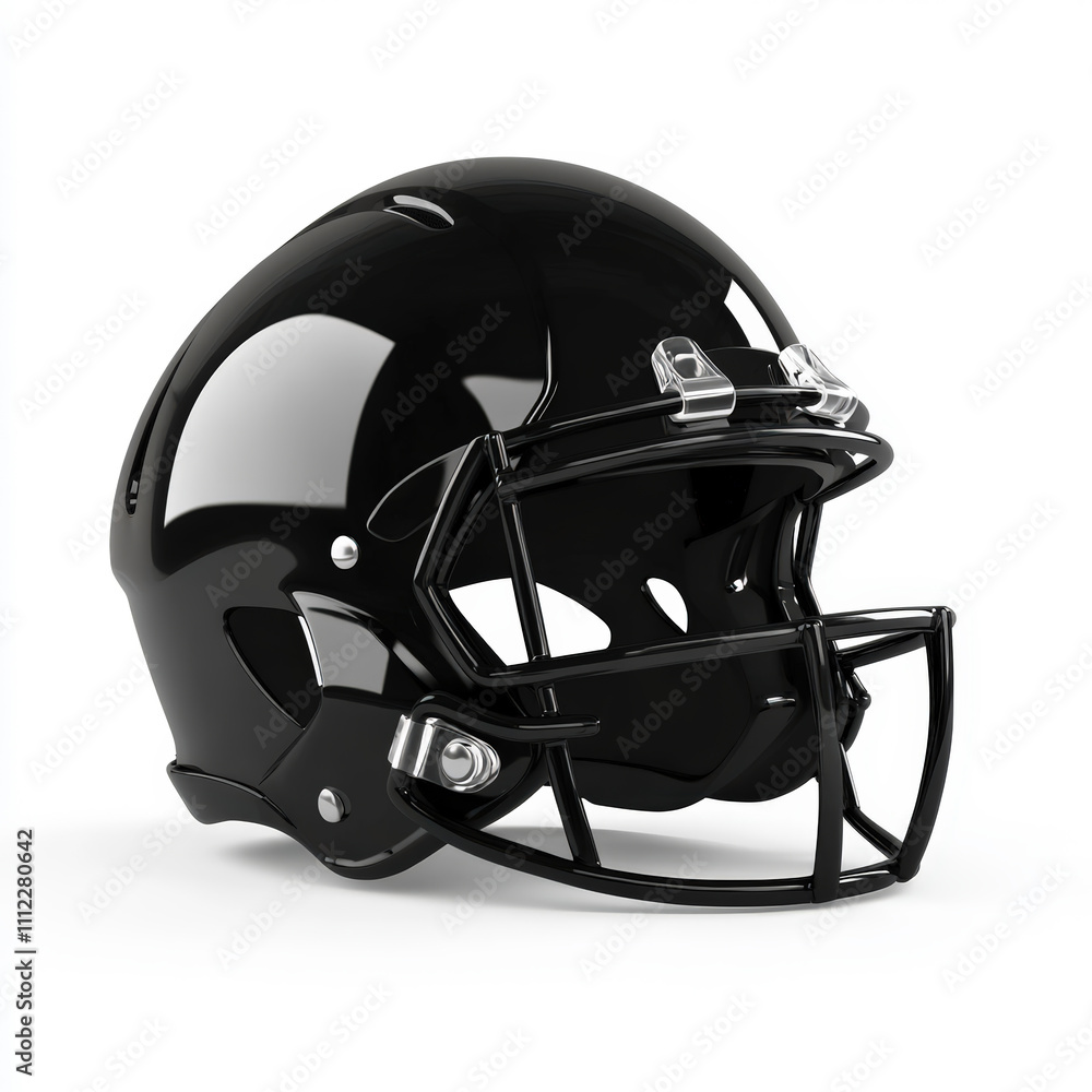 Fototapeta premium Glossy Black American Football Helmet Isolated on White Background with Shiny Surface and Racing Style Design for Sports and Athletic Activity Concepts
