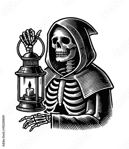 skull hood old lamp engraving black and white outline