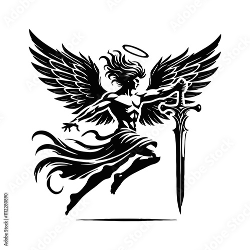 angle fly sword silhouette engraving black and white outline