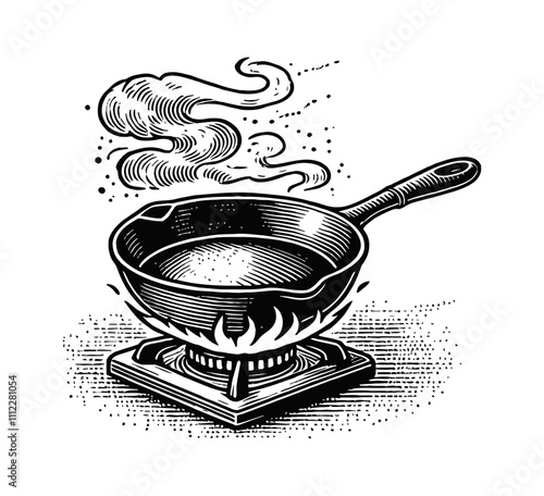 frying pan and stove with steam engraving black and white outline