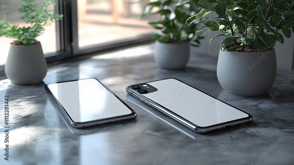 Two smartphone realistic blank mockup. 3D rendering Two smartphone realistic blank mockup. 3D rendering