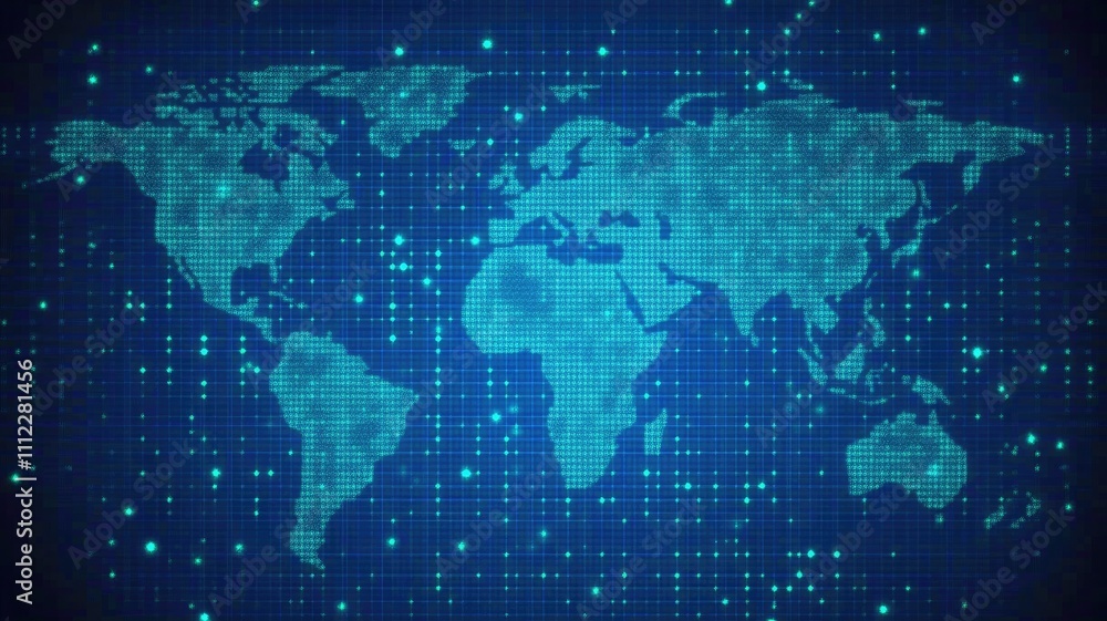 Abstract digital blue background with a world map and glowing dots, a data technology concept,generative ai Abstract digital blue background with a world map and glowing dots, a data technology concept,generative ai