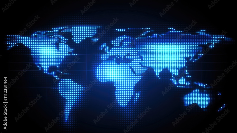 Abstract digital blue background with a pixel world map and glowing dots, a concept of global network technology, cyber security, or big data connection,generative ai Abstract digital blue background with a pixel world map and glowing dots, a concept of global network technology, cyber security, or big data connection,generative ai