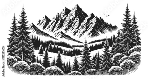 majestic mountain peaks surrounded by dense pine trees, with a serene forest landscape engraving black and white outline