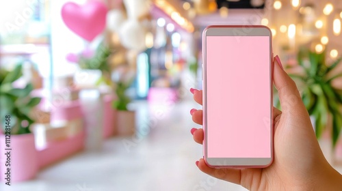 A woman holds a smartphone in a vibrant, trendy cafe with pink decor. Perfect for digital communication and modern lifestyle themes. photo