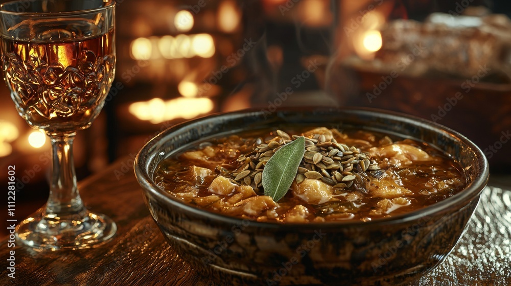A bowl of carrot soup, topped with sage sprigs, sits next to pumpkin seeds on a wooden table. A bowl of carrot soup, topped with sage sprigs, sits next to pumpkin seeds on a wooden table.