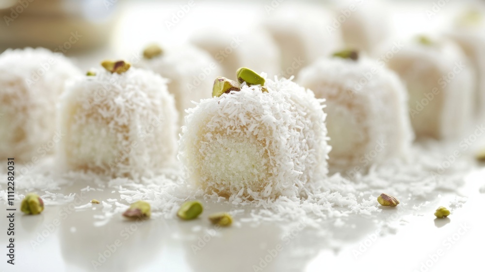 Fototapeta premium Soft Coconut Confectionery with Pistachios Garnish, Sweet Delicacy Served on a Bright Surface, Traditional Dessert with Shredded Coconut and Nuts