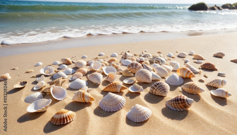 A collection of seashells scattered on a sandy beach, with gentle ocean waves and sunlight glistening on the sand A collection of seashells scattered on a sandy beach, with gentle ocean waves and sunlight glistening on the sand