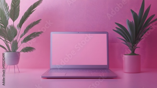 A minimalist 2D illustration depicts a silver laptop in isometric view, featuring metallic finish and soft shadows in pastel colors with a floating effect and clean lines.