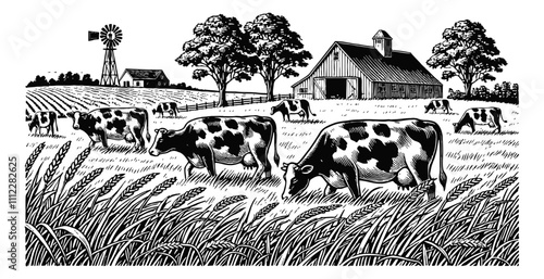 dairy cows grazing in a field landscape engraving black and white outline