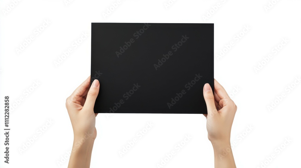 Hands holding empty black certificate mock-up isolated on white background Hands holding empty black certificate mock-up isolated on white background
