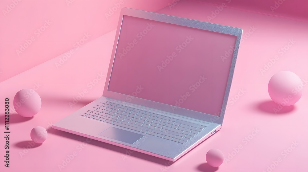A minimalist 2D illustration depicts a silver laptop in isometric view, featuring metallic finish and soft shadows in pastel colors with a floating effect and clean lines. A minimalist 2D illustration depicts a silver laptop in isometric view, featuring metallic finish and soft shadows in pastel colors with a floating effect and clean lines.