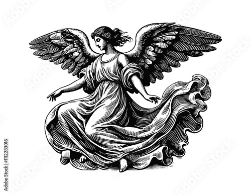 angel in a serene pose engraving black and white outline