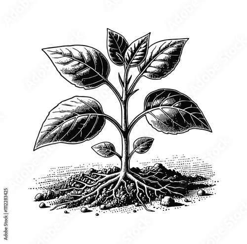 small plant sprout growing from the ground engraving black and white outline