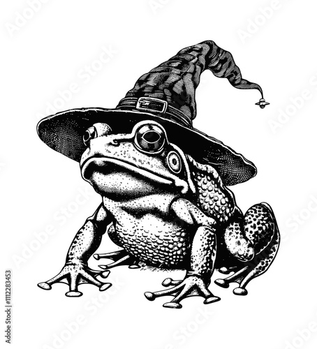 frog wizard hat engraving black and white outline