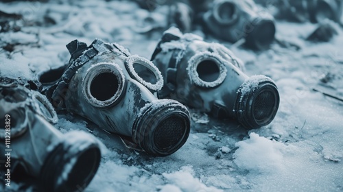 Abandoned gas masks on icy ground: nuclear warfare concept