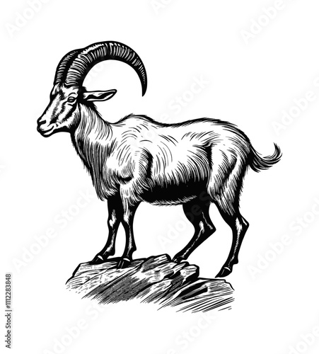 ibex mountain goat engraving black and white outline