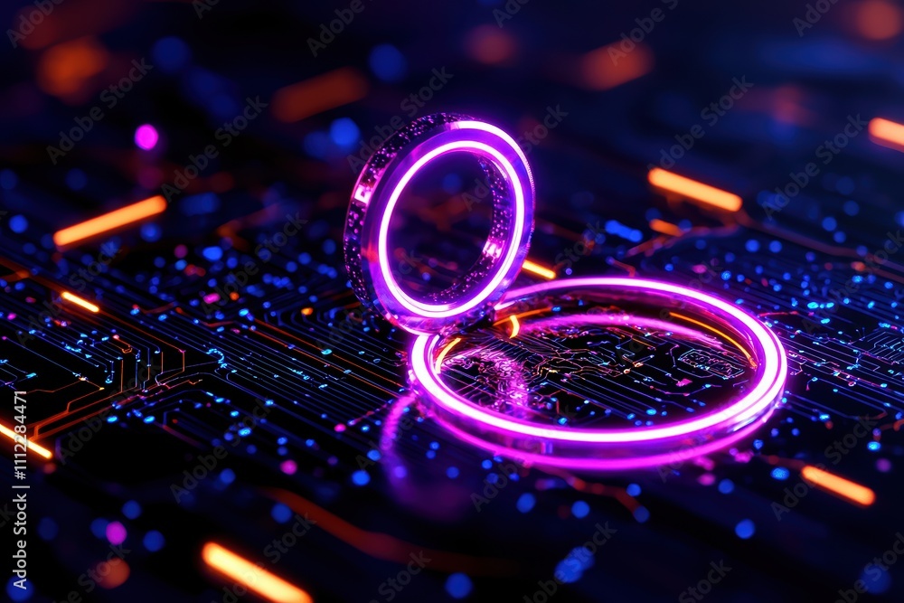 Fototapeta premium A vibrant digital scene featuring glowing rings on a dark, circuit-like background, conveying a futuristic and tech-inspired aesthetic.
