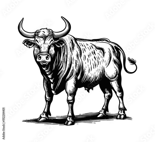 Spanish Fighting Bull engraving black and white outline