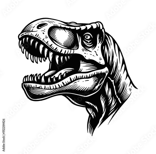 tyrannosaurus head engraving black and white outline