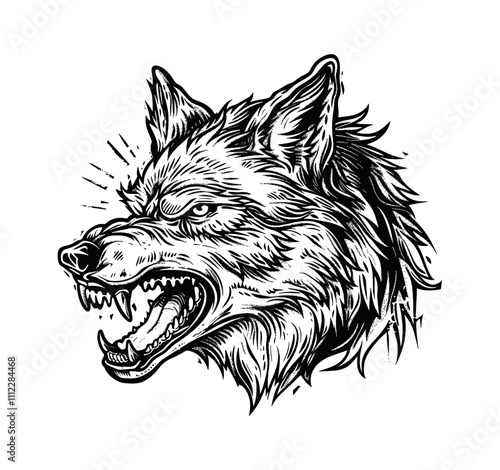 angry wolf head engraving black and white outline