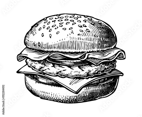 burger engraving black and white outline