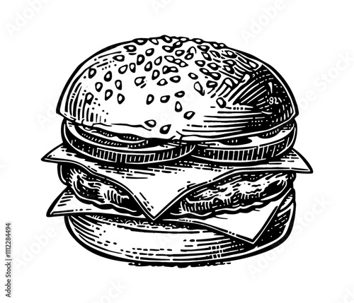 burger engraving black and white outline