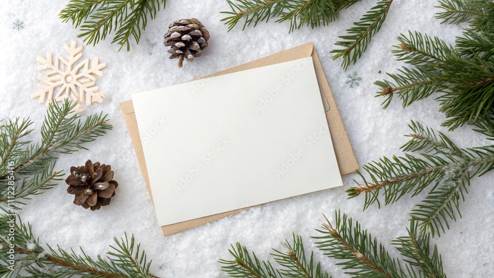 Blank card on dark teal with pine branches, festive holiday mockup. Blank card on dark teal with pine branches, festive holiday mockup.