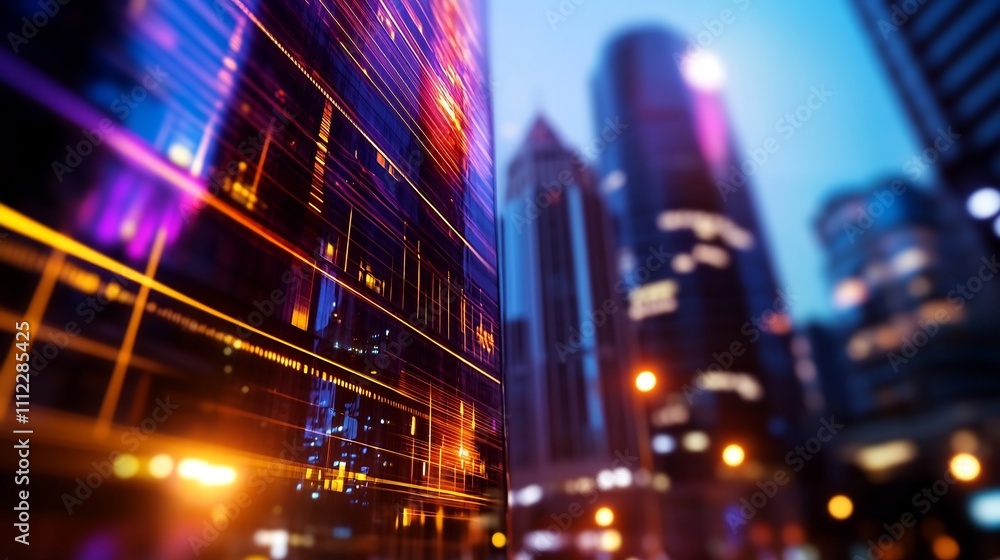 Fototapeta premium Night Cityscape with Dynamic Data Stream on Building Facade