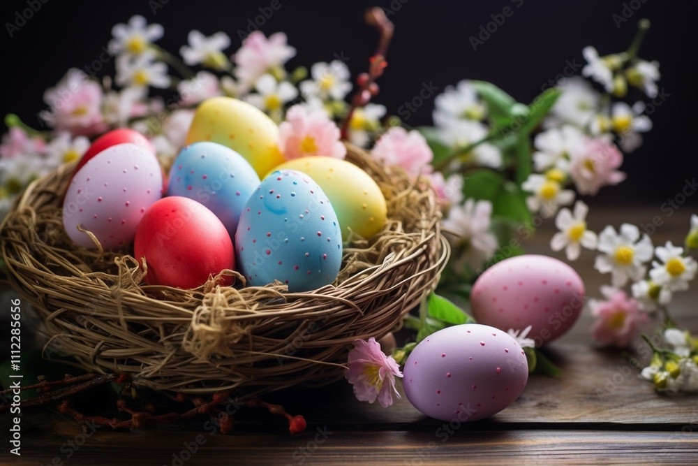 Happy Easter. Nest filled with vibrant, hand-painted Easter eggs surrounded by delicate spring flowers, bathed in warm sunlight. A picturesque celebration of Easter and the beauty of spring Happy Easter. Nest filled with vibrant, hand-painted Easter eggs surrounded by delicate spring flowers, bathed in warm sunlight. A picturesque celebration of Easter and the beauty of spring