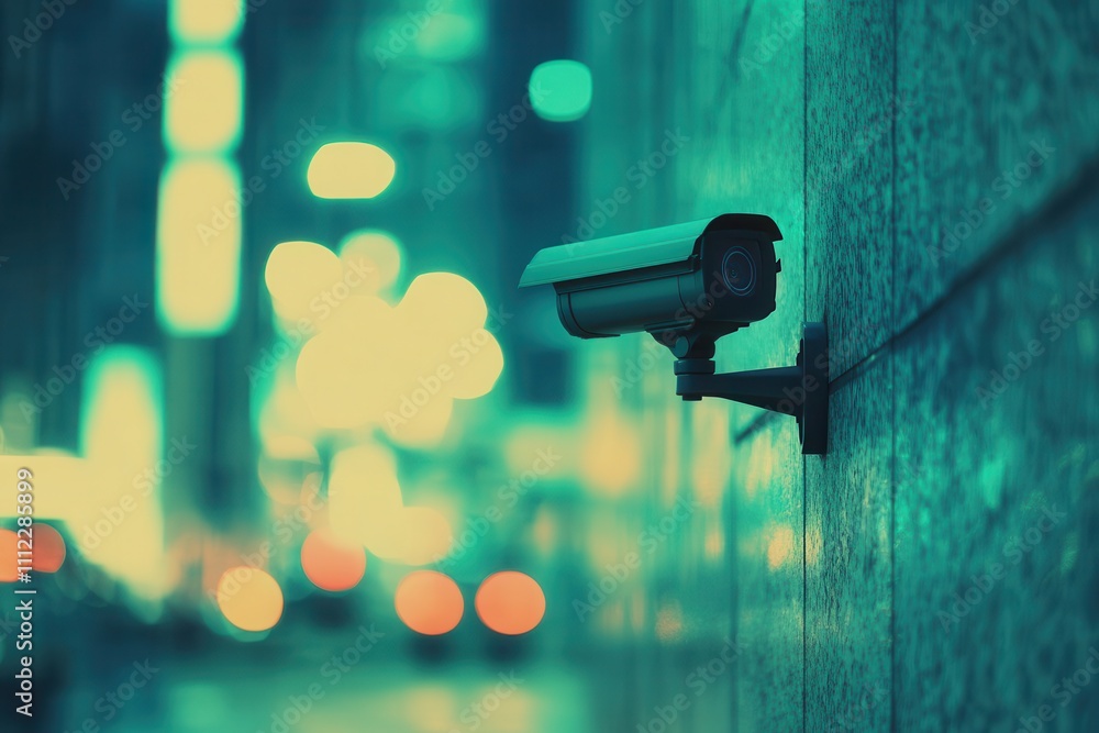 Security camera mounted on a wall at night. Ideal for themes of surveillance, safety, and urban security. Security camera mounted on a wall at night. Ideal for themes of surveillance, safety, and urban security.