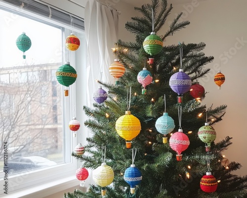Christmas tree decorated with mini hot air balloons adventure theme