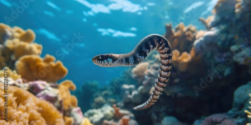 An extreme close-up of a black-banded sea snakes head as it moves through the water photo