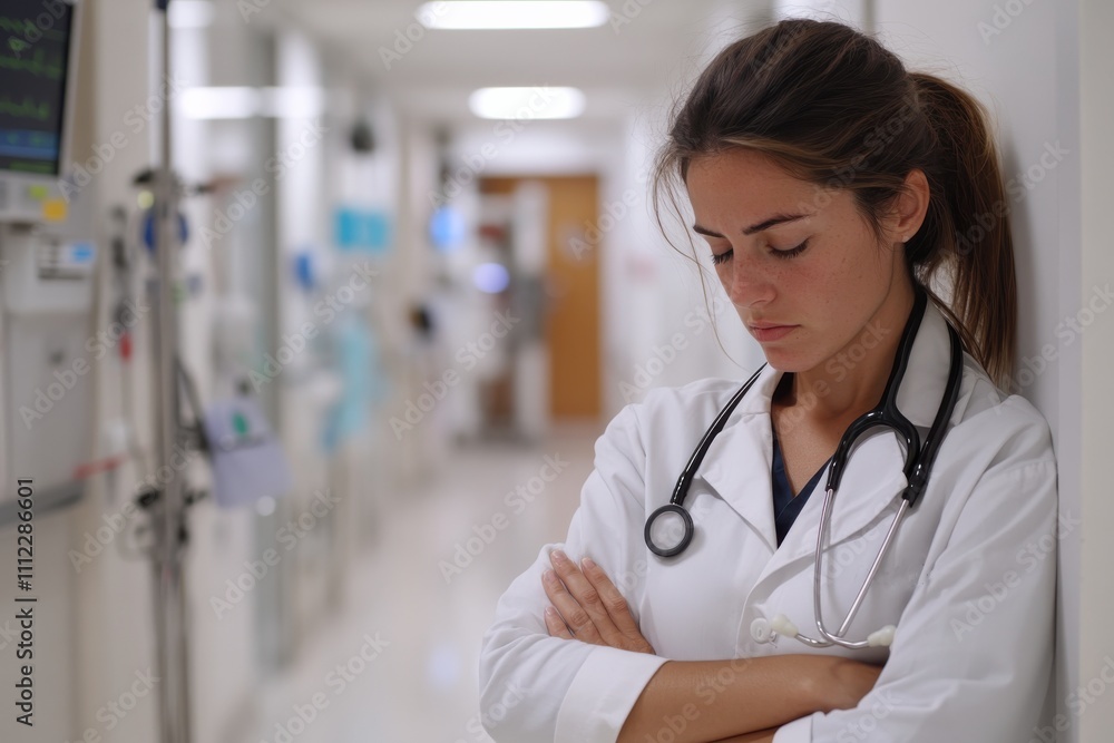 This image features a young female doctor wearing a lab coat, deep in thought with her arms crossed in a hospital corridor, reflecting her concerns and dedication to her work. This image features a young female doctor wearing a lab coat, deep in thought with her arms crossed in a hospital corridor, reflecting her concerns and dedication to her work.