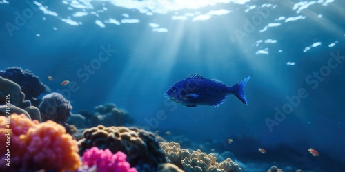 A wide shot of a bluefin trevally swimming in a vibrant coral reef photo