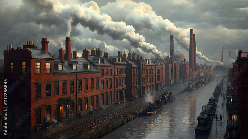 Industrial Canal: Cityscape, Factories, Smoke, Waterways, Historic Architecture, Urban Development, 19th Century, Brick Buildings, Railroad, Smog Industrial Canal: Cityscape, Factories, Smoke, Waterways, Historic Architecture, Urban Development, 19th Century, Brick Buildings, Railroad, Smog