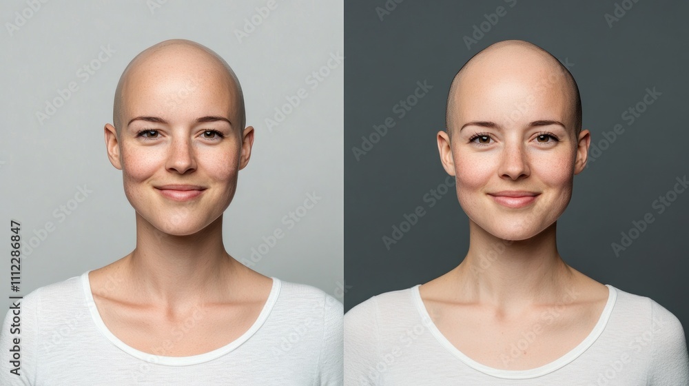 Bald woman in white tee against plain dark background Bald woman in white tee against plain dark background