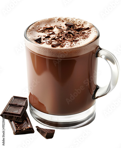 Creamy Hot Chocolate in Clear Glass Mug with Chocolate Shavings Isolated on a Transparent Background