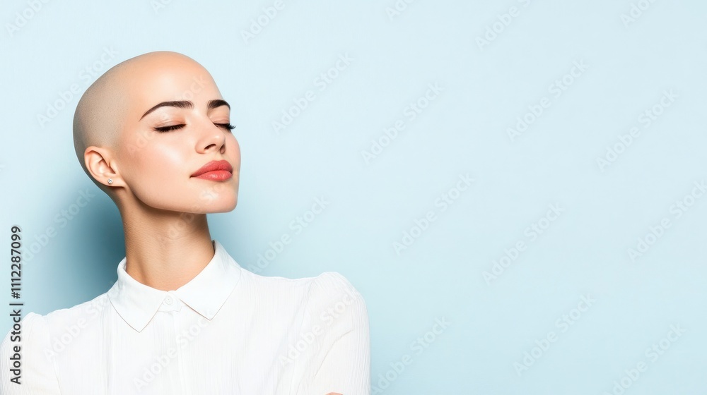 Tranquil bald woman in white with closed eyes relaxed. Tranquil bald woman in white with closed eyes relaxed.