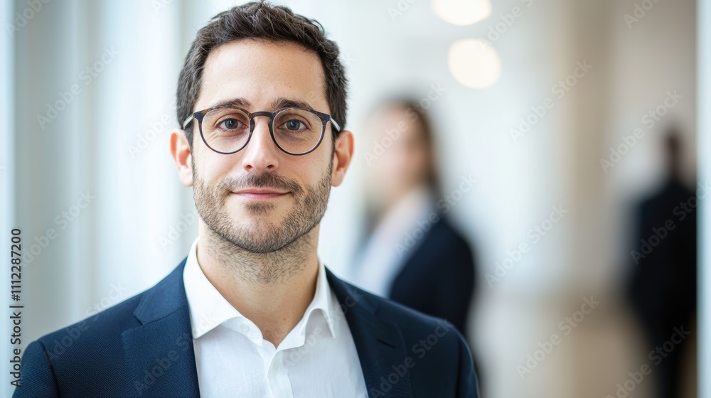 A confident man in glasses smiles in a professional setting, with blurred figures in the background, suggesting a business environment. A confident man in glasses smiles in a professional setting, with blurred figures in the background, suggesting a business environment.